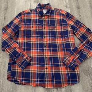 GAP Flannel Shirt Mens Large Untucked Long Sleeve Orange Plaid Cotton Colorful